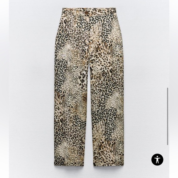 Zara Animal Print Straight Leg pants Trousers Brown Beige Black Size L - Picture 2 of 10